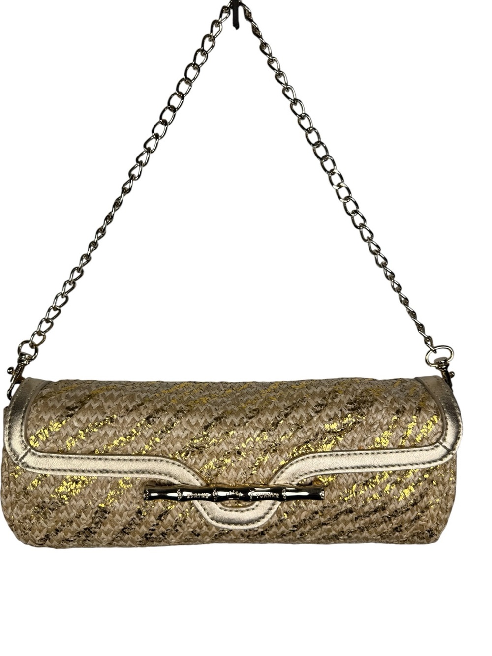 Elaine Turner Convertible Clutch Bag Woven Metallic Raffia Bamboo Accent